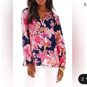 Lilly Pulitzer Elsie Silk Floral Blouse Size XXS Pink, Navy & White NWOT